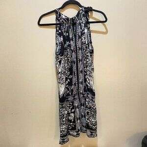 WHBM Tie Shoulder Elastic Waist Black & White 100% Silk Tunic Top Blouse Sz L